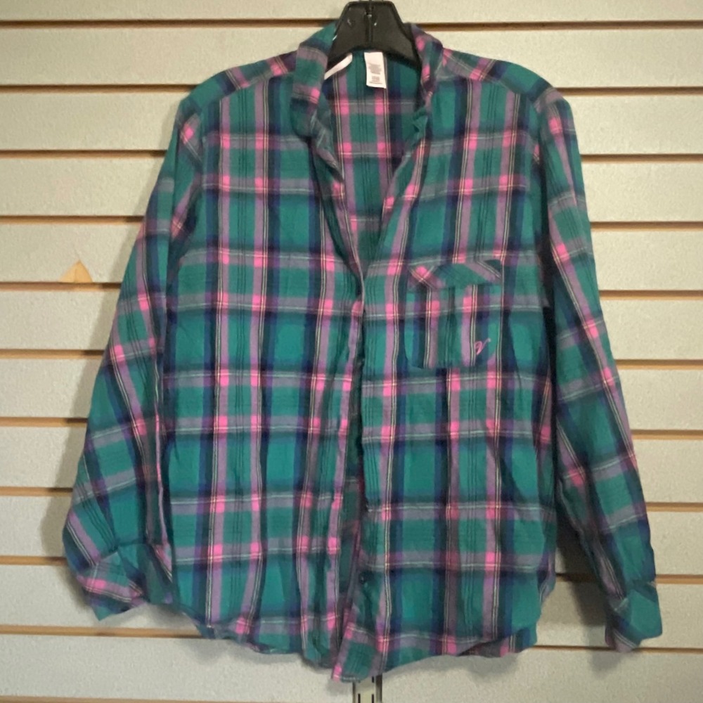 Victoria's Secret Flannel Pajama Top Teal Pink Plaid Button Down Sleep Shirt S